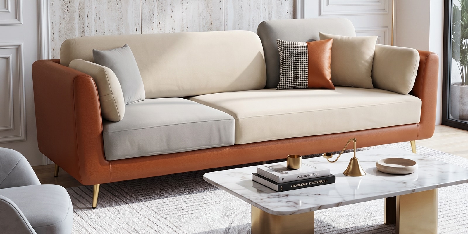 Montez Velvet 3 Seater Sofa in Brown & Beige Colour Montez Velvet 3 Seater Sofa in Brown & Beige Colour