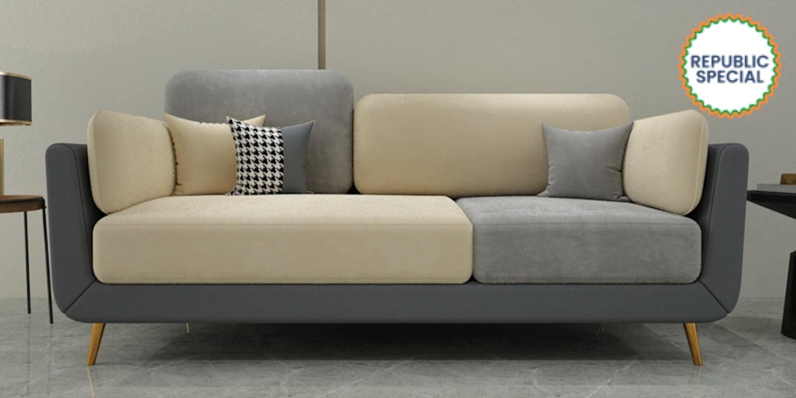 Montez Velvet 3 Seater Sofa in Grey & Beige Colour