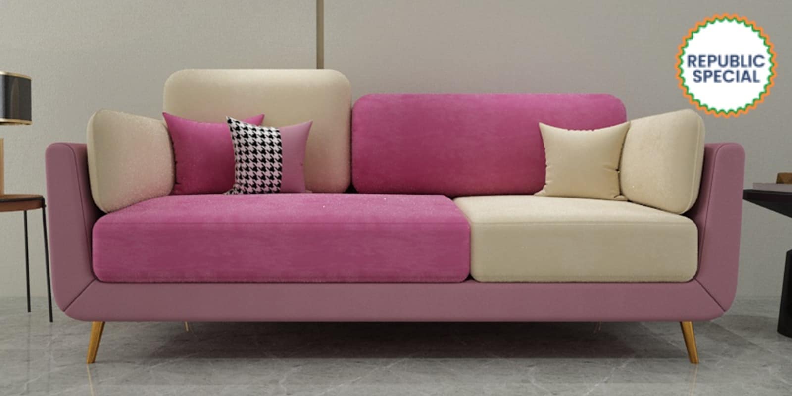 Montez Velvet 3 Seater Sofa in Pink & Beige Colour