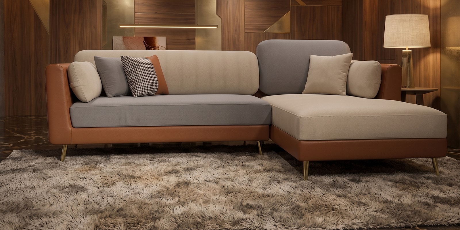 Montez Velvet LHS Sectional Sofa (2 + Lounger) in Brown & Beige Colour Montez Velvet LHS Sectional Sofa (2 + Lounger) in Brown & Beige Colour