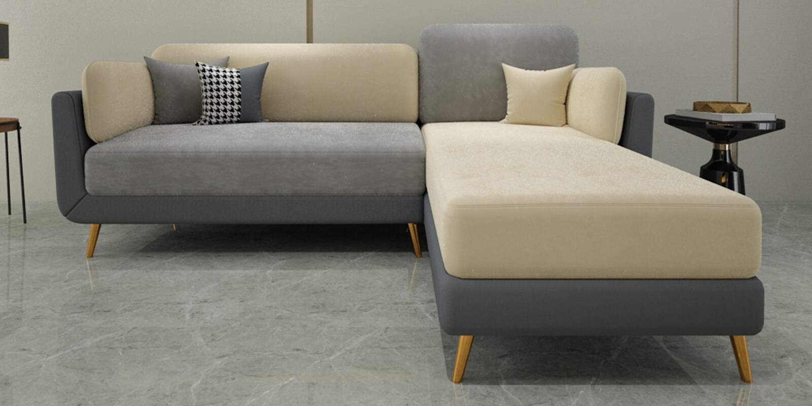 Montez Velvet LHS Sectional Sofa (2 + Lounger) in Grey & Beige Colour