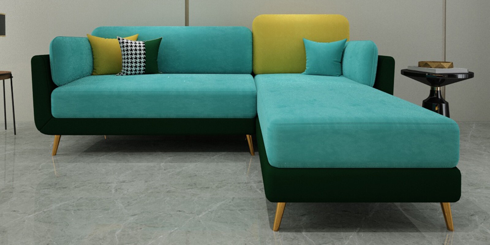 Montez Velvet LHS Sectional Sofa (2 + Lounger) in Turquoise & Green Colour