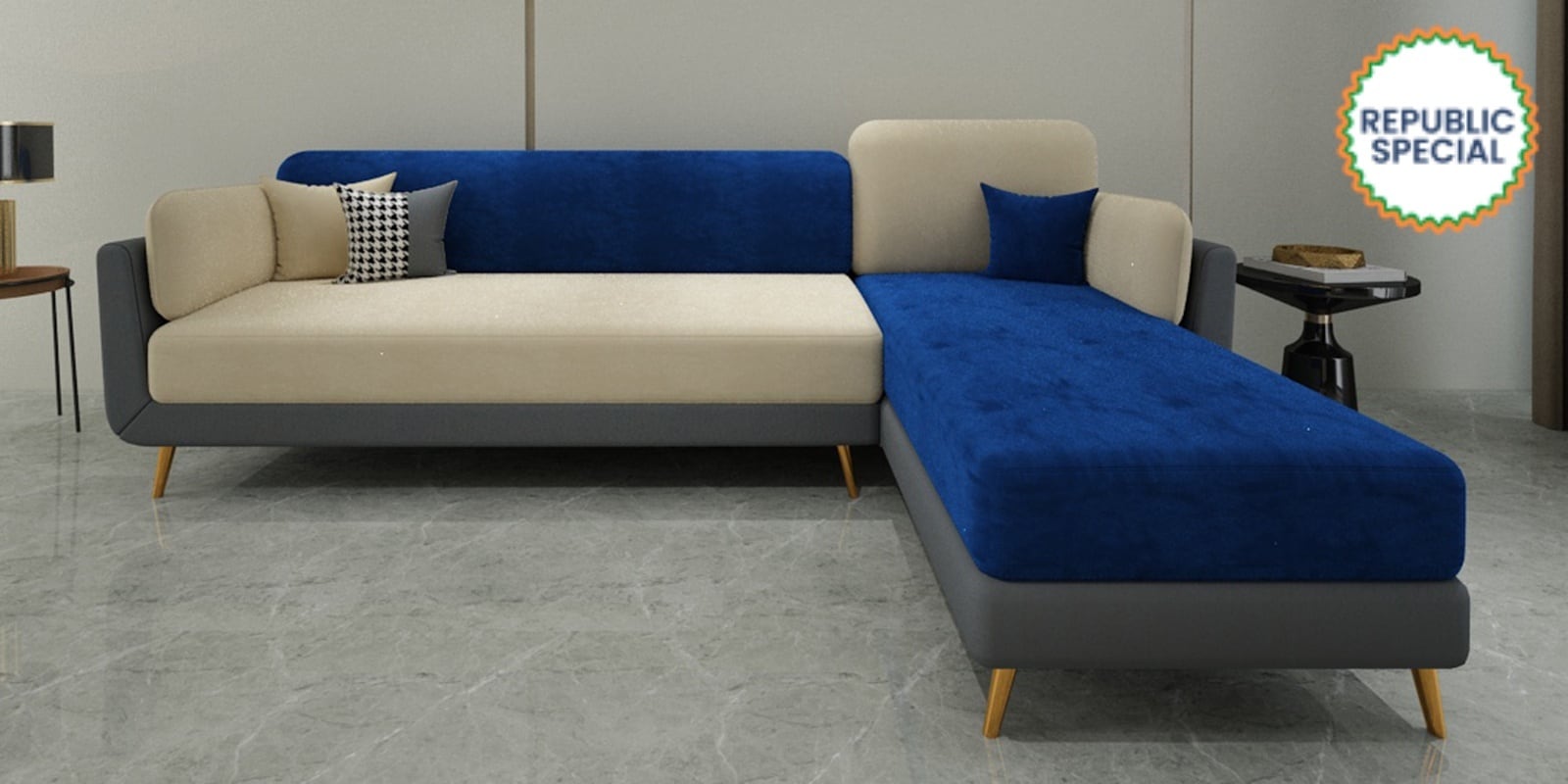Montez Velvet LHS Sectional Sofa (3 + Lounger) in Blue & Beige Colour
