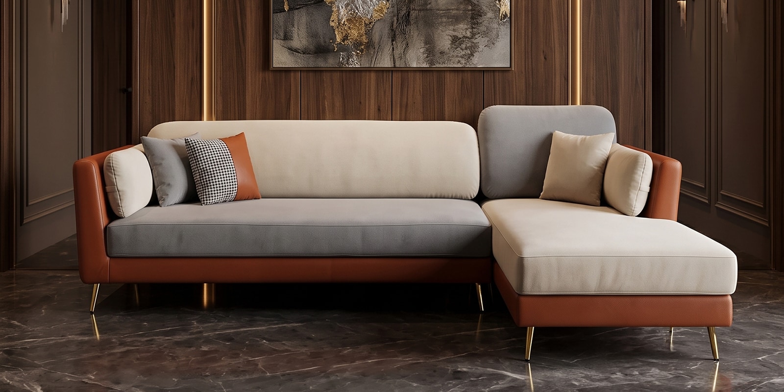 Montez Velvet LHS Sectional Sofa (3 + Lounger) in Brown & Beige Colour Montez Velvet LHS Sectional Sofa (3 + Lounger) in Brown & Beige Colour