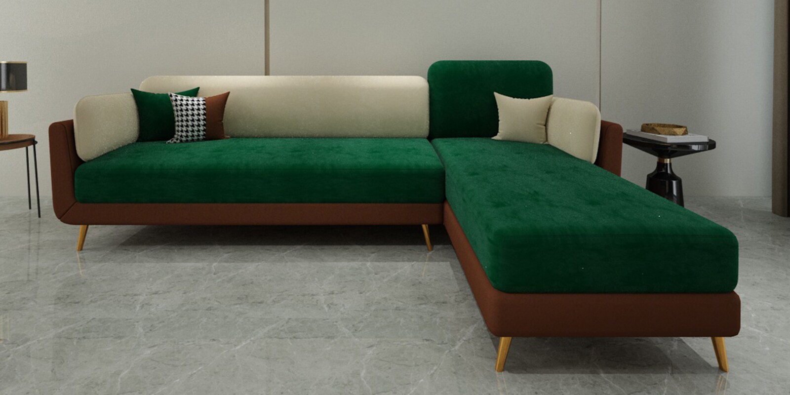 Montez Velvet LHS Sectional Sofa (3 + Lounger) in Green & Beige Colour