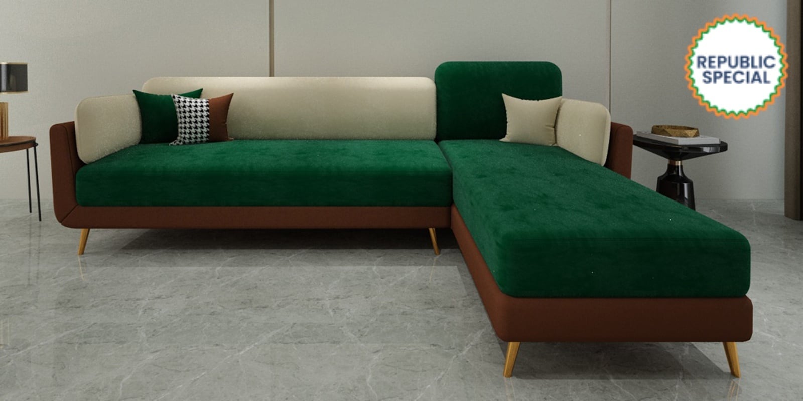 Montez Velvet LHS Sectional Sofa (3 + Lounger) in Green & Beige Colour