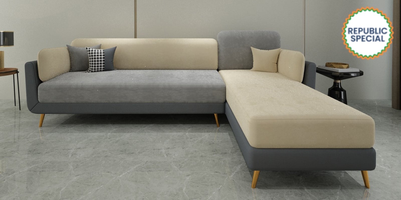 Montez Velvet LHS Sectional Sofa (3 + Lounger) in Grey & Beige Colour