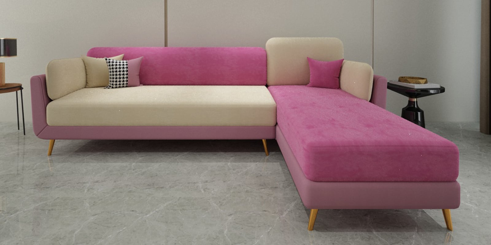 Montez Velvet LHS Sectional Sofa (3 + Lounger) in Pink & Beige Colour