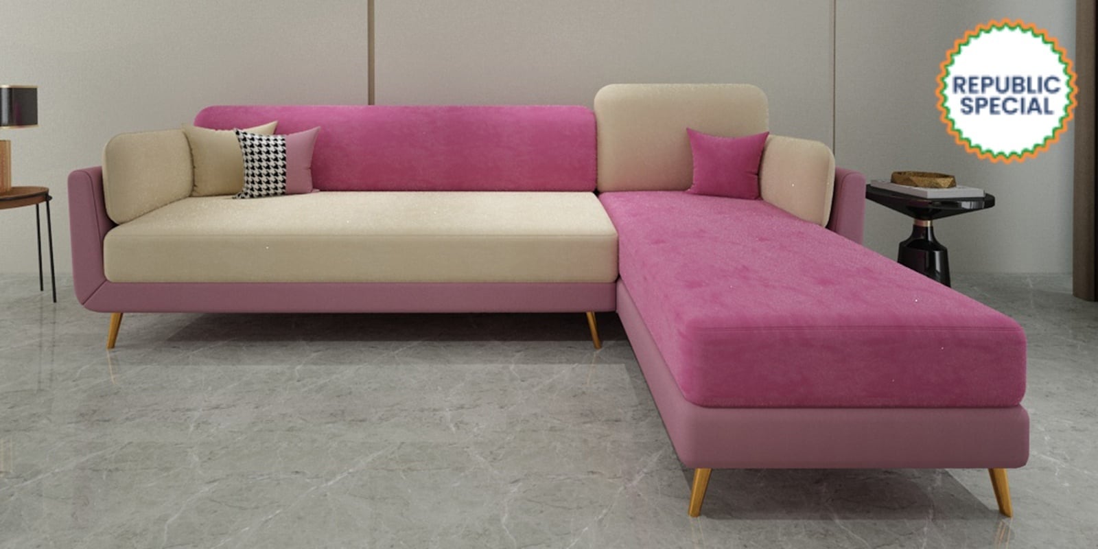 Montez Velvet LHS Sectional Sofa (3 + Lounger) in Pink & Beige Colour