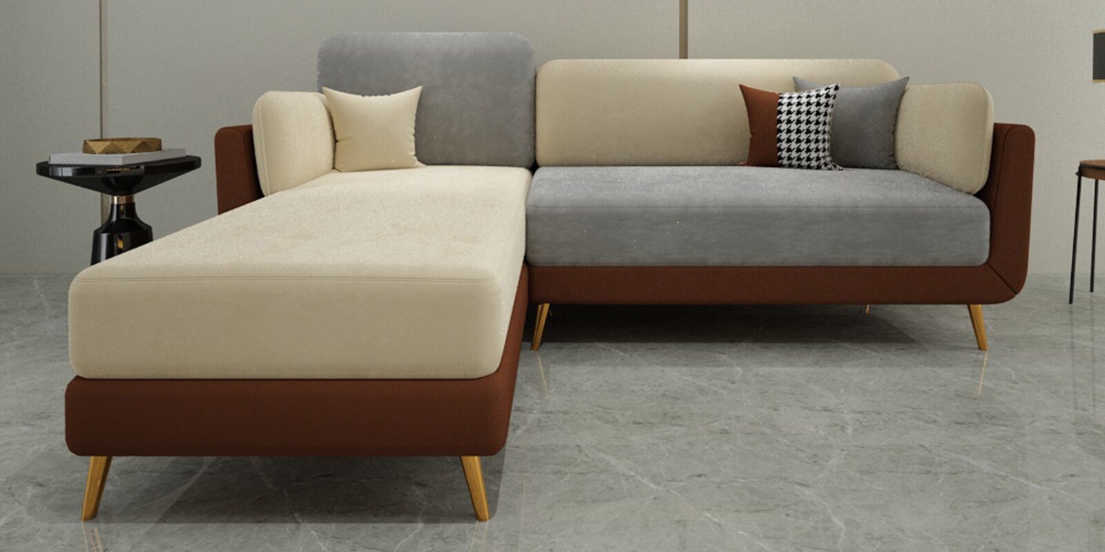 Montez Velvet RHS Sectional Sofa (2 + Lounger) in Brown & Beige Colour