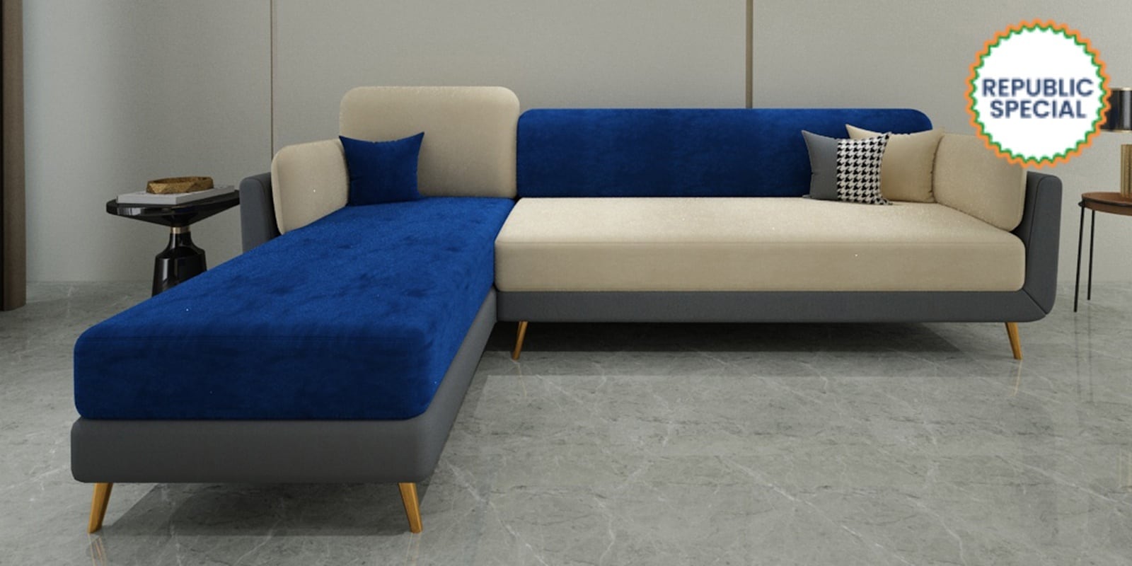 Montez Velvet RHS Sectional Sofa (3 + Lounger) in Blue & Beige Colour