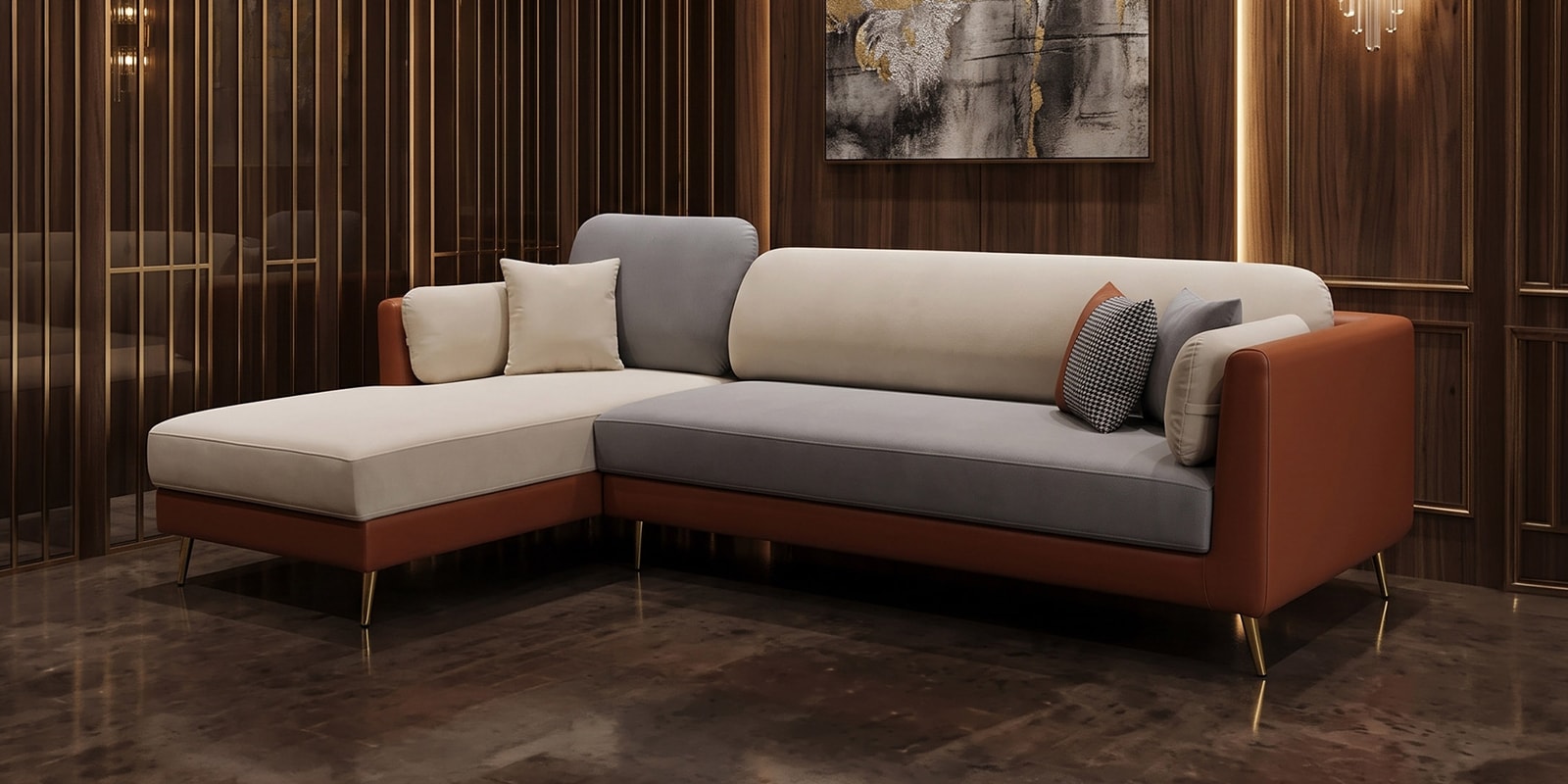 Montez Velvet RHS Sectional Sofa (3 + Lounger) in Brown & Beige Colour Montez Velvet RHS Sectional Sofa (3 + Lounger) in Brown & Beige Colour