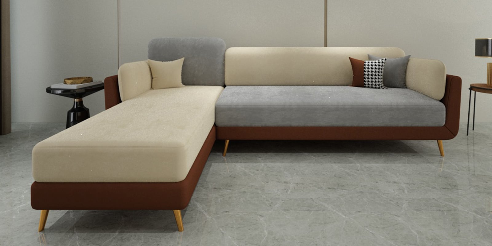 Montez Velvet RHS Sectional Sofa (3 + Lounger) in Brown & Beige Colour