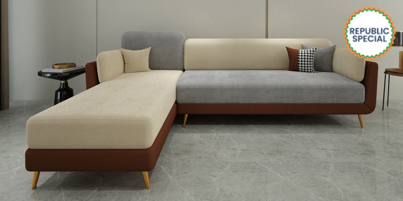 Montez Velvet RHS Sectional Sofa (3 + Lounger) in Brown & Beige Colour