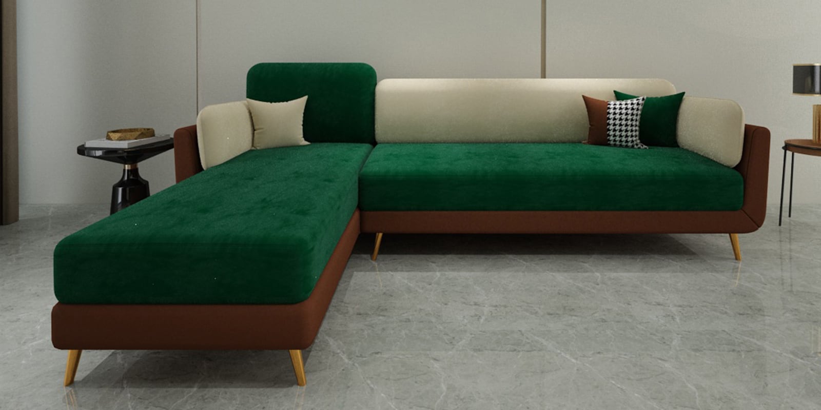 Montez Velvet RHS Sectional Sofa (3 + Lounger) in Green & Beige Colour