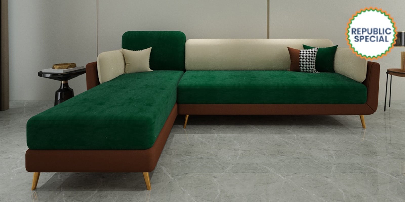Montez Velvet RHS Sectional Sofa (3 + Lounger) in Green & Beige Colour
