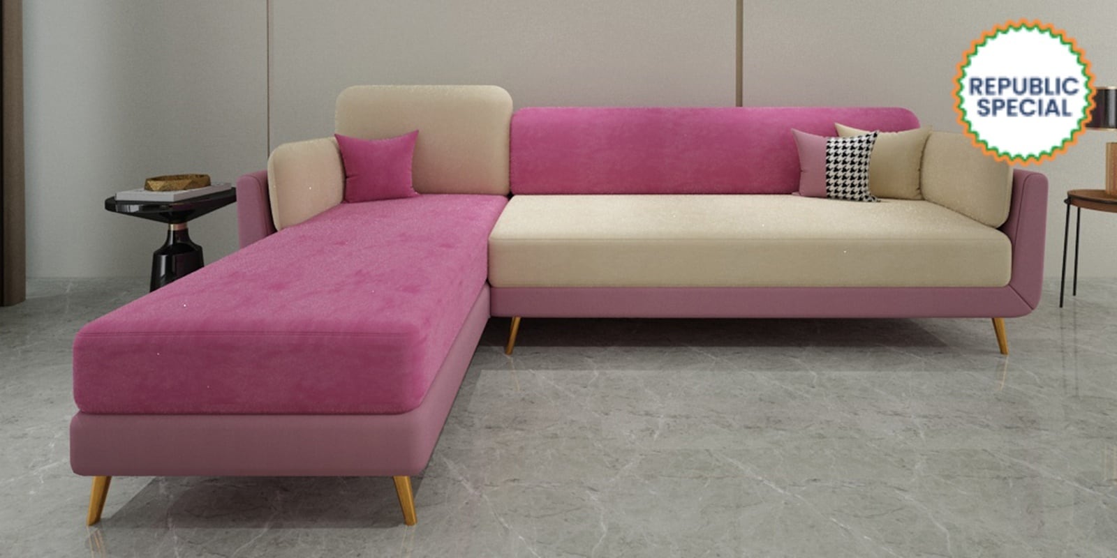 Montez Velvet RHS Sectional Sofa (3 + Lounger) in Pink & Beige Colour