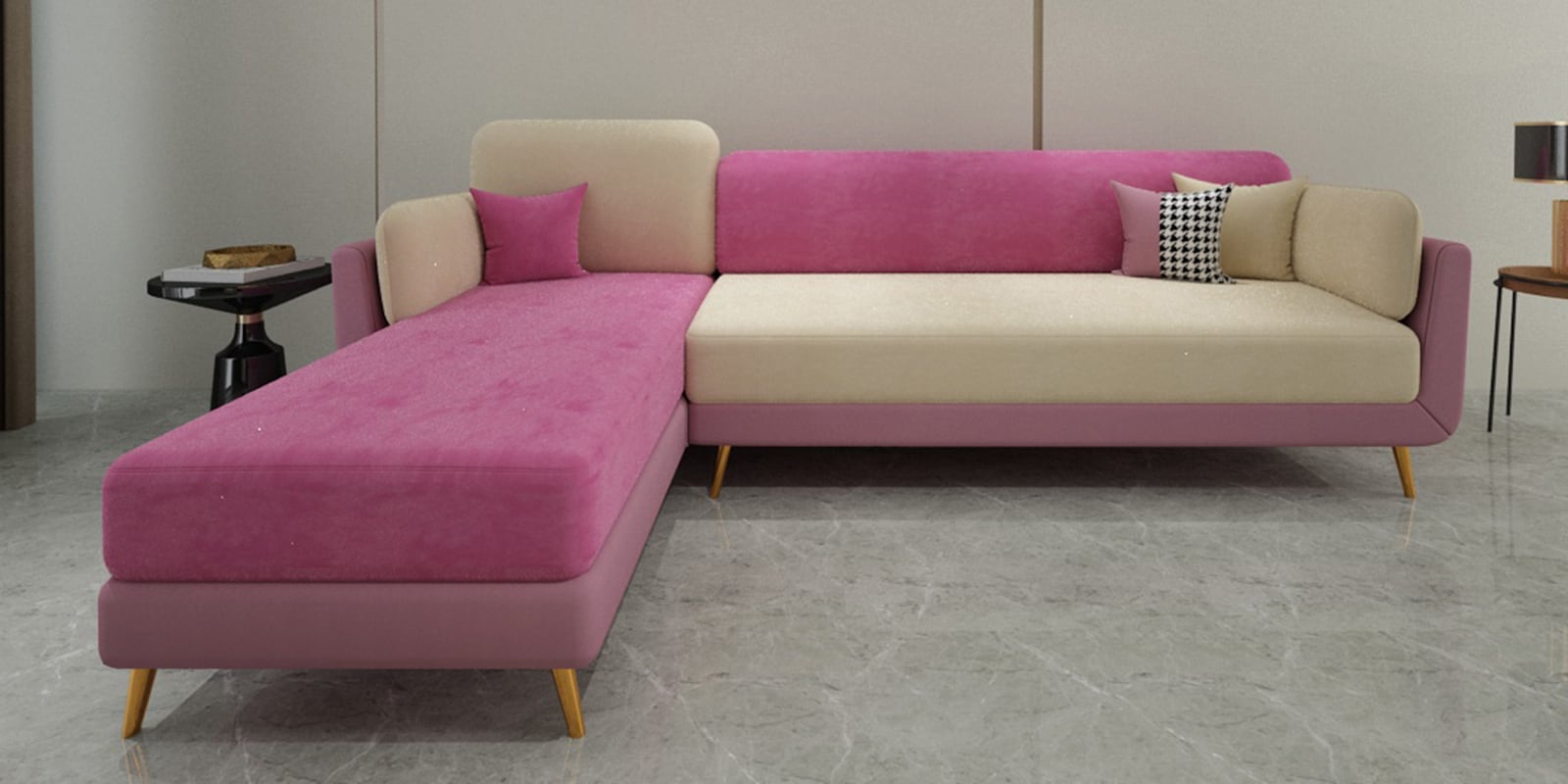 Montez Velvet RHS Sectional Sofa (3 + Lounger) in Pink & Beige Colour