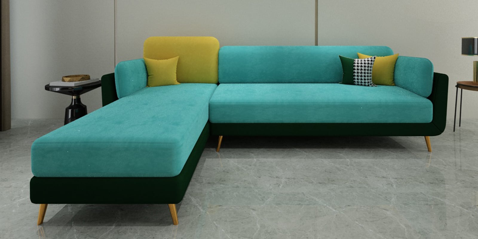 Montez Velvet RHS Sectional Sofa (3 + Lounger) in Turquoise & Green Colour