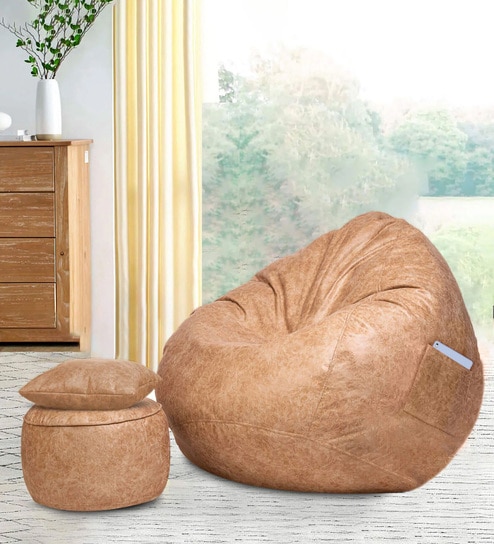 Mobara 3XL Leatherette Bean Bag With Beans WithFootrest, Cushion & Pocket