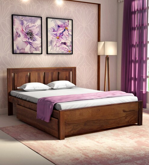 Buy Moby Solid Wood Queen Size Bed With Storage In Provincial Teak
