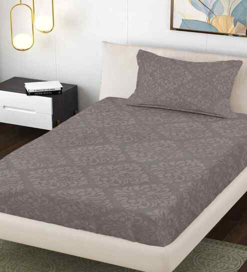 Mocha Ethnic 300 TC Cotton Blend Embossed Single Bedsheet with 1 Pillow Cover