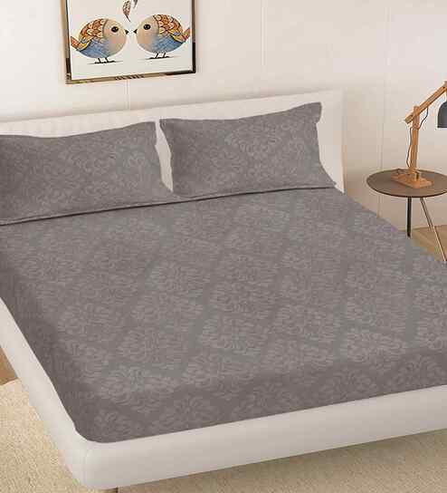 Mocha Ethnic 300 TC Cotton Blend King Size Embossed Double Bedsheet with 2 Pillow Covers