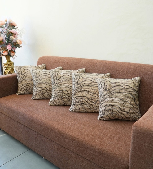 Mocha Polyester Abstract 18x18 inches Cushion Covers Set of 5