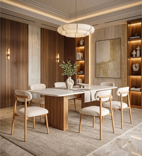 Modena White Baswara Marble Top 6 Seater Dining Set In Natural Finish
