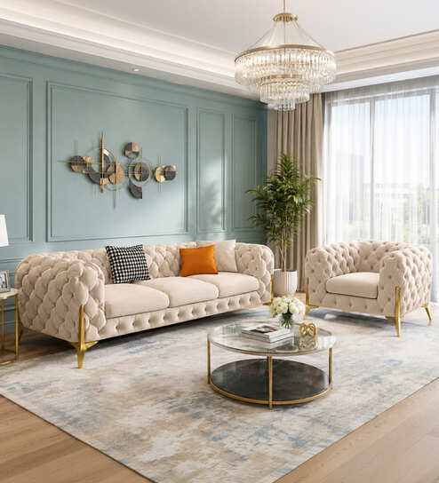 Modern Tufted Upholstery 3+1+1 Seater Sofa Set In Off-White Colour