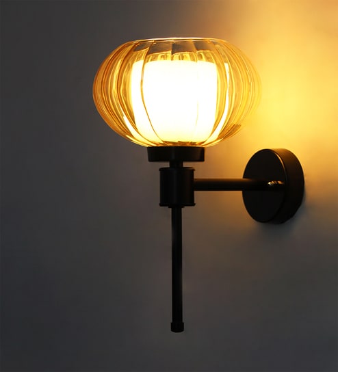 Modern Amber Kharbuja Glass Black Lamp