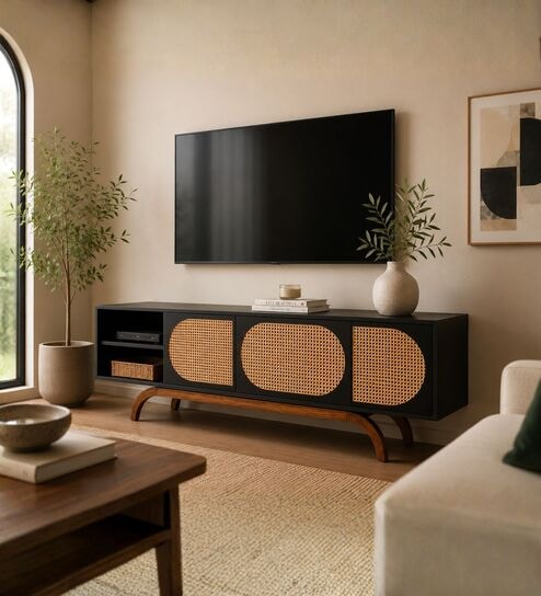 Modern Arch Rattan TV Unit With Storage In Natural Rattan Finish