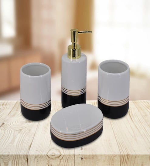Modern Black & White Ceramic Set of 4 Bath Accessories Set 