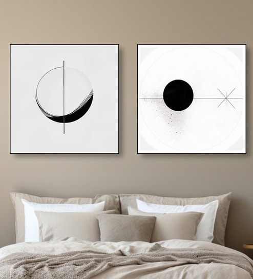 Modern Black and White Circles Set of 2 Canvas Wall Painting Black Frame