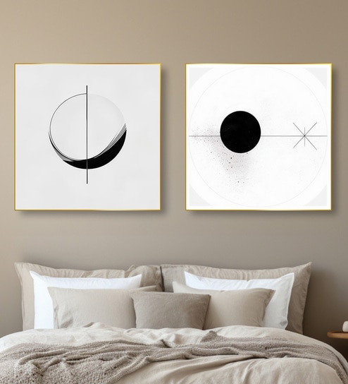 Modern Black and White Circles Set of 2 Canvas Wall Painting Gold Frame