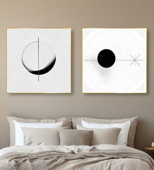 Modern Black and White Circles Set of 2 Canvas Wall Painting Gold Frame