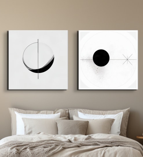 Modern Black and White Circles Set of 2 Canvas Wall Painting Stretch Canvas Frame