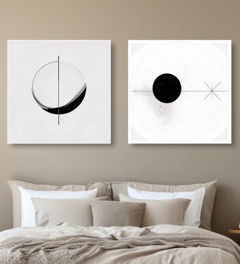 Modern Black and White Circles Set of 2 Canvas Wall Painting White Frame