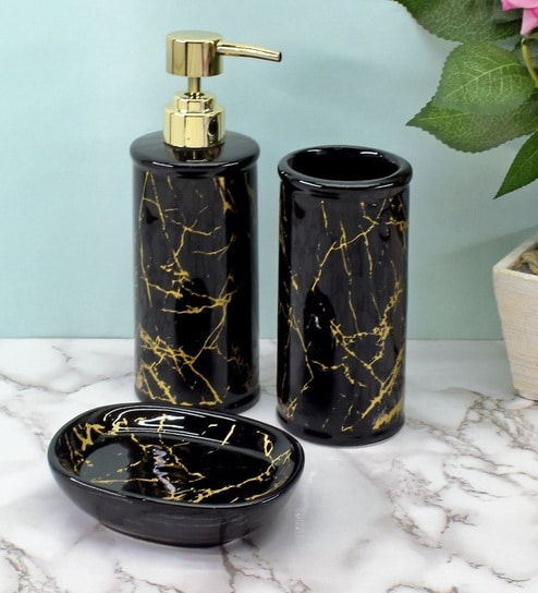 Modern Black Ceramic Set of 3 Bath Accessories Set 