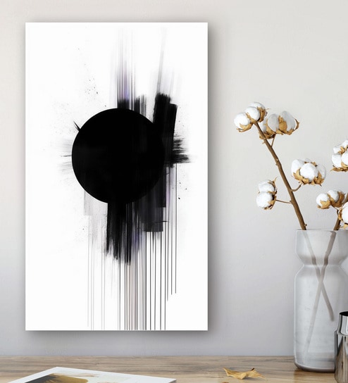Black Circle on Abstract Canvas Wall Painting White Frame
