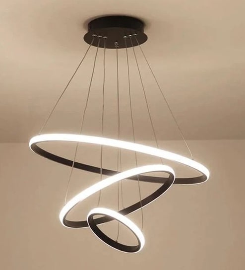 Modern Black Contemporary Spiral LED 3 Ring Chandelier   Adjustable Height with 3 Color Lighting Modes