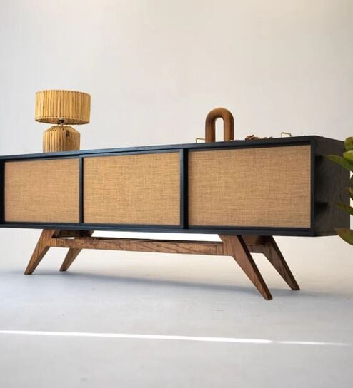 Modern Black Rattan Entertainment TV Console Cabinet