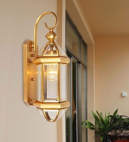 Modern Brass Finish Glass Wall Lantern Light for Indoor & Outdoor