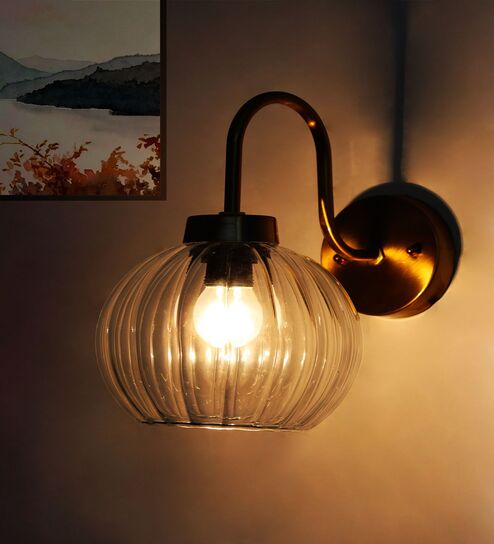 Modern Brass Wall Sconce Clear Ribbed Glass Light