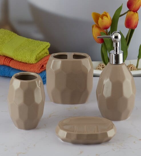 Modern Brown Ceramic Set of 4 Bath Accessories Set 