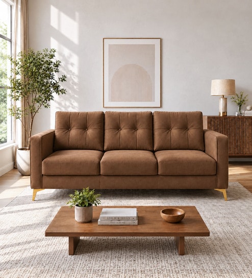 Modern Brown Tufted 3 Seater Sofa With Golden Legs Finish
