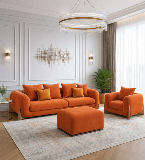  Classic Boucle Fabric 3+1 Seater Sofa Set With Ottoman In Rust Orange Colour