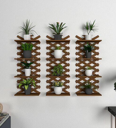 Modern Criss Cross Designer Dark Walnut Planter Shelves Set Of 3