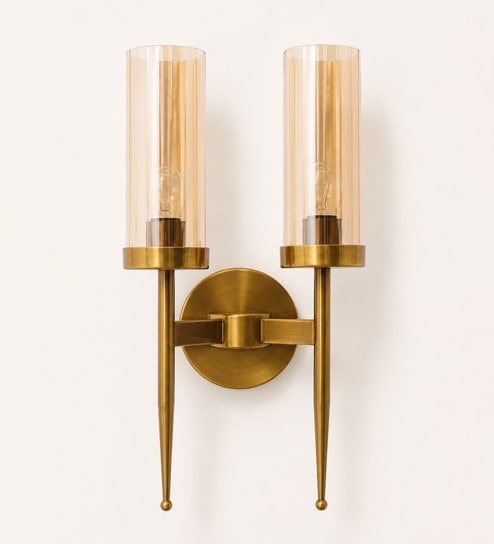 Modern Dual-Light Gold Wall Sconce with Amber Glass Cylindrical Shades