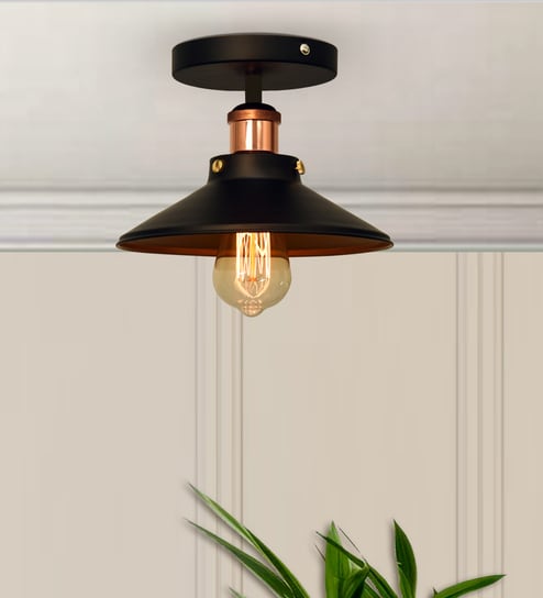 Modern Farmhouse Semi Flush Mount Ceiling Light, Black Hallway Fixture, Rose Gold, Cone Shade